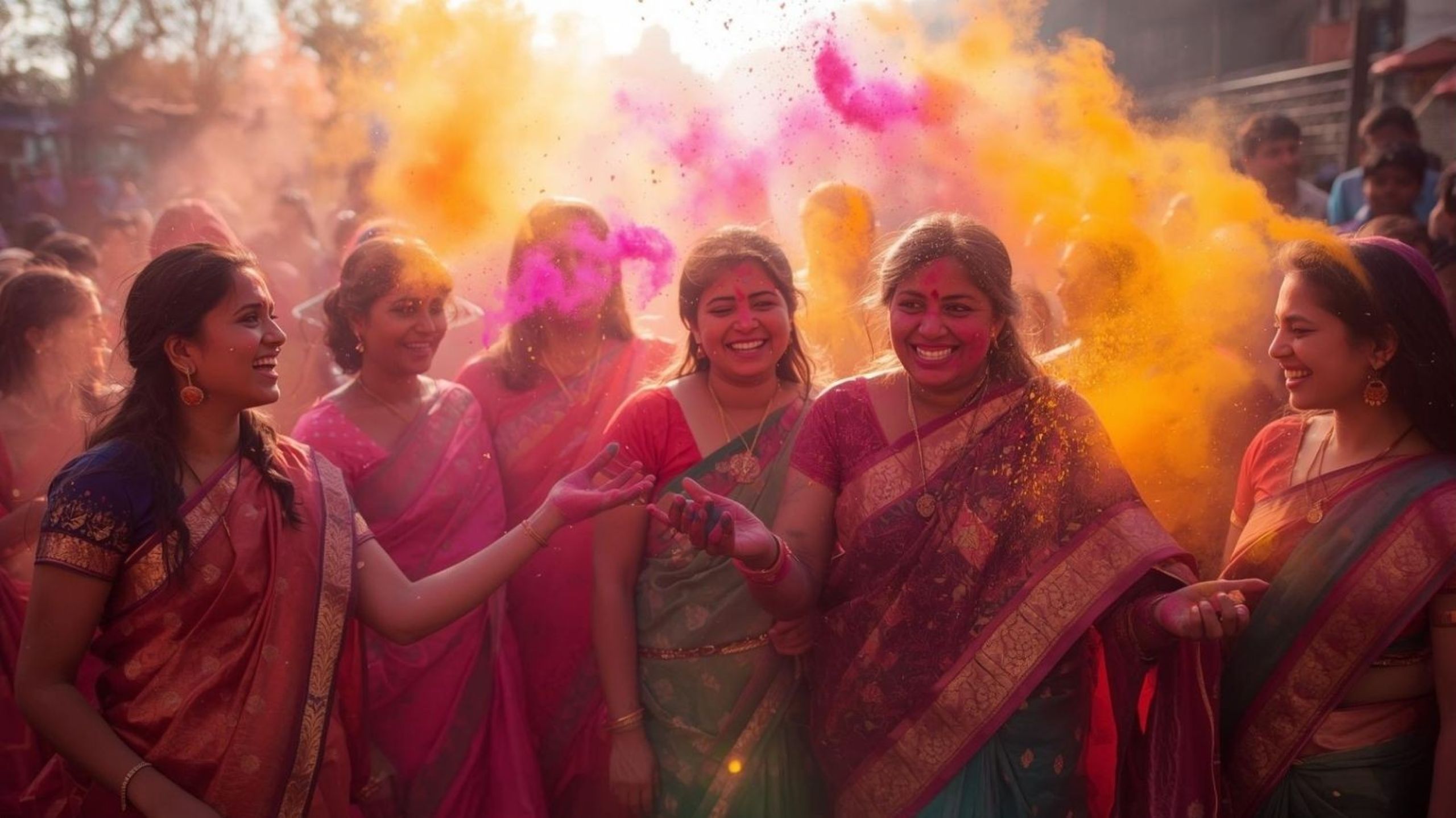 Holi festival celebration in India showing colorful powder and joyful crowds at cultural destinations